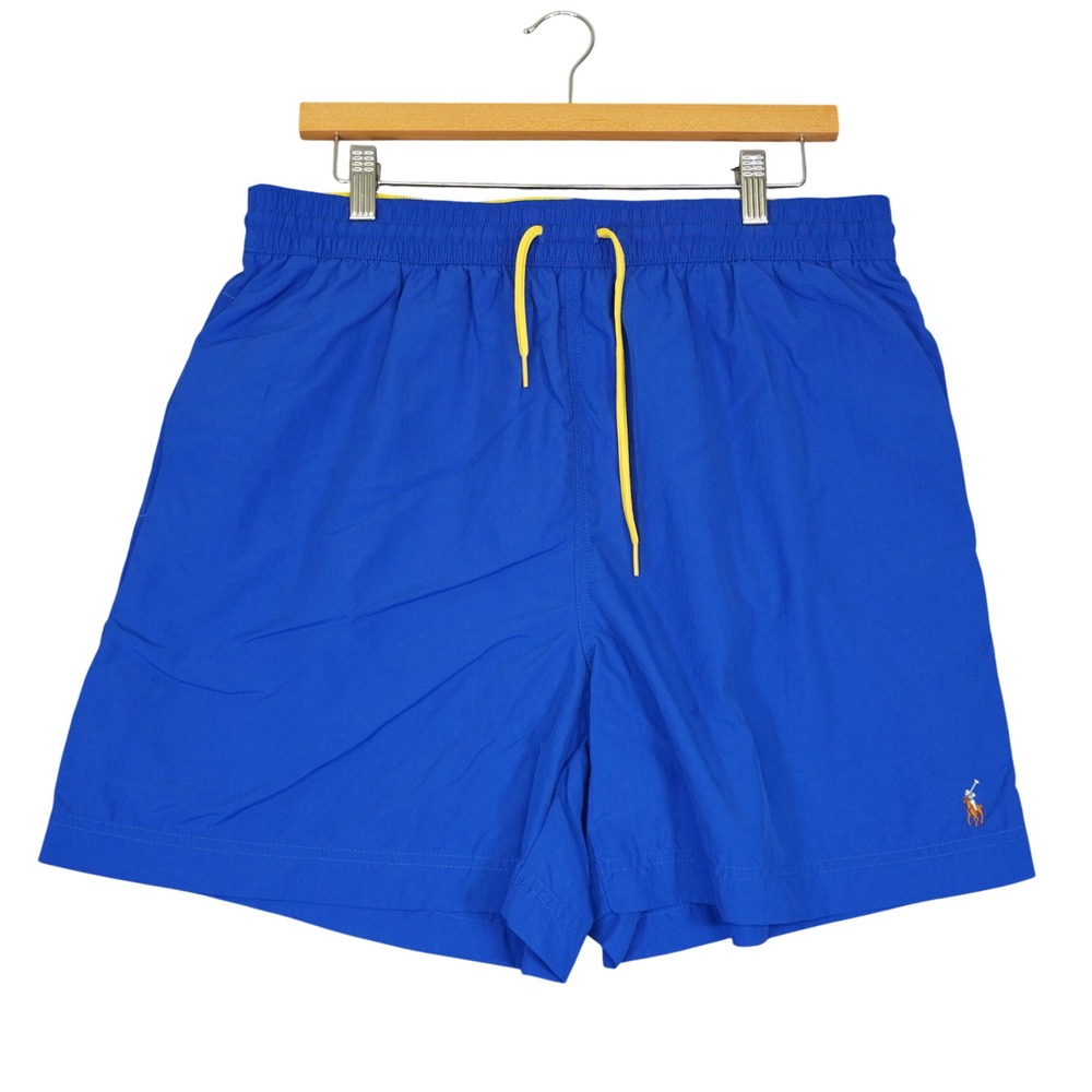 VTG Polo Ralph Lauren Swim Trunks Mens XL Blue Yellow Drawstring Flesh Pony Logo